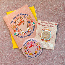Load image into Gallery viewer, Empowered Women Empower the World Card, Enamel Pin &amp; Sticker Gift Set