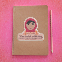 Load image into Gallery viewer, Malala Yousafzai Portrait &quot;One Voice&quot; Quote Sticker