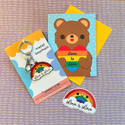 Love is Love PRIDE Rainbow Keychain, Sticker, Greeting Card Gift Set