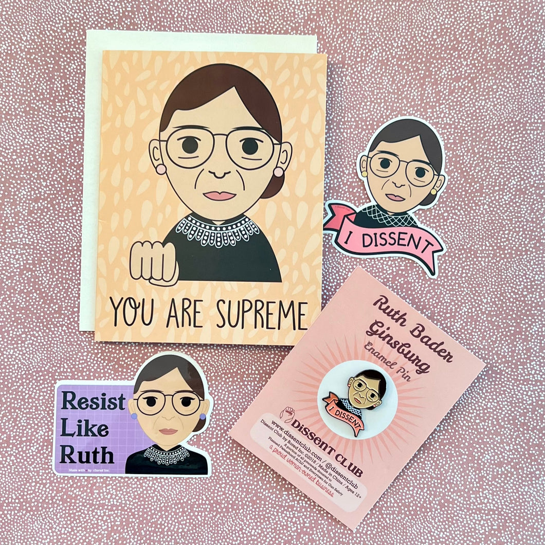 RBG Ruth Bader Ginsburg Card, Stickers & Enamel Pin Lawyer Gift Set